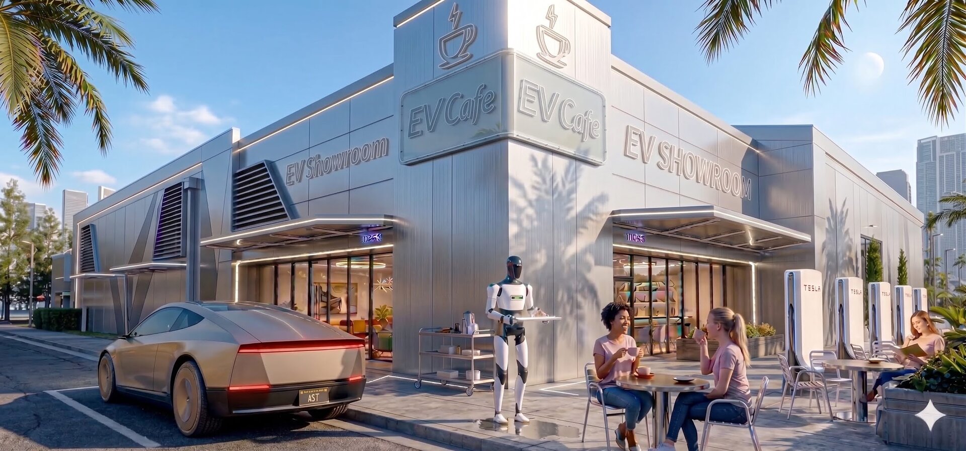 EV Cafe exterior with charging stations and outdoor seating