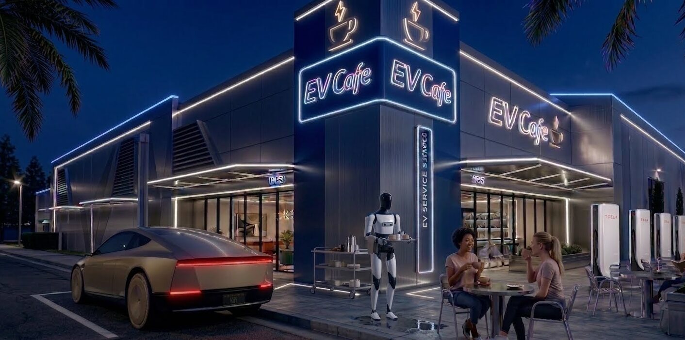EV Café exterior rendering with robotic café service and charging stations