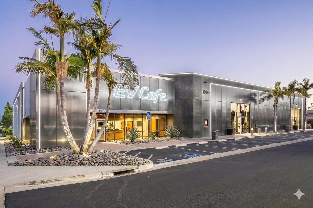 EV Cafe exterior at dusk