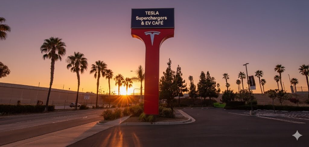Tesla Superchargers & EV Cafe pylon sign
