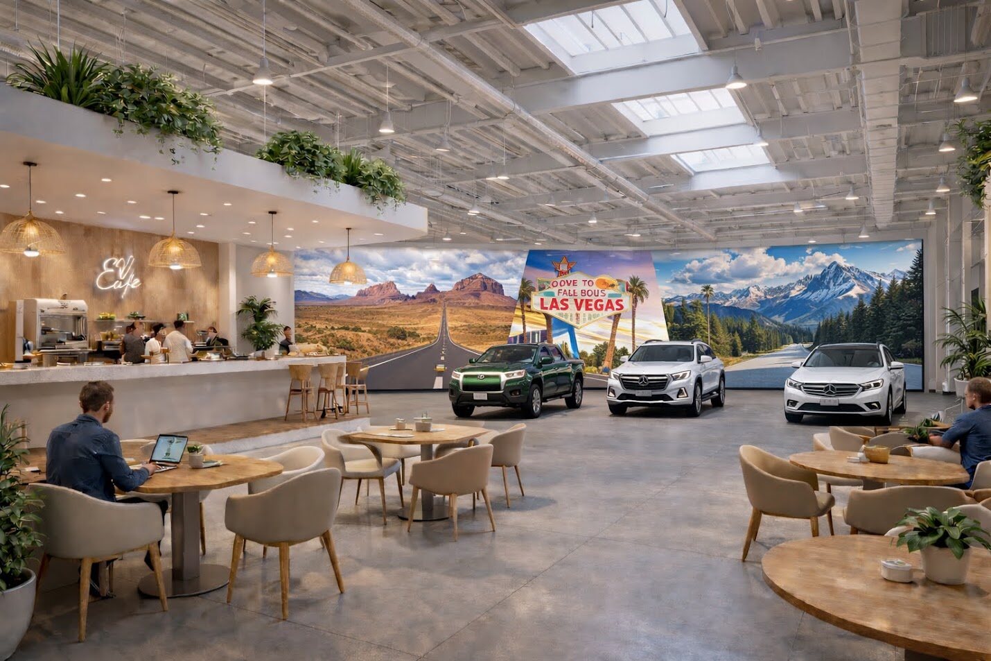 EV Cafe interior with showroom vehicles and scenic LED wall