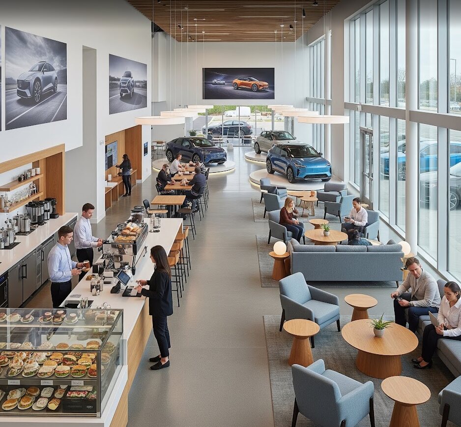EV showroom cafe with seating lounge and vehicles on display